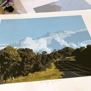 The long way home - reduction linocut print by Kim Herringe