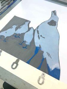 Magpie Stories - Family Choir - reduction linocut - layer 1