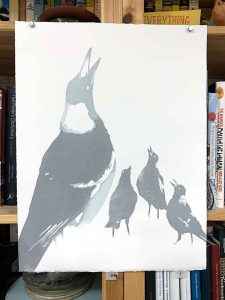Magpie Stories - Family Choir - reduction linocut - layer 3