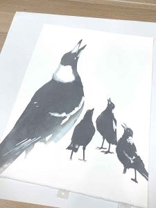 Magpie Stories - Family Choir - reduction linocut - layer 4
