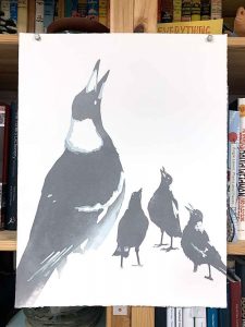 Magpie Stories - Family Choir - reduction linocut - layer 5