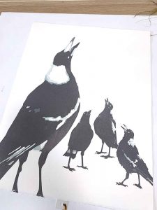 Magpie Stories - Family Choir - reduction linocut - layer 6