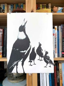 Magpie Stories - Family Choir - reduction linocut - layer 8