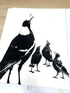 Magpie Stories - Family Choir - reduction linocut - layer 9