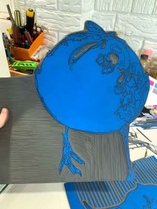 Magpie Stories - Hello - reduction linocut block