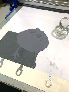 Magpie Stories - Hello - reduction linocut - layer 5