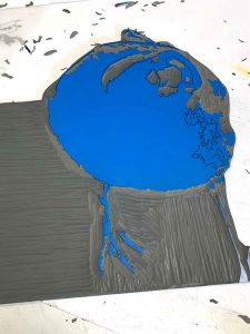 Magpie Stories - Hello - reduction linocut - layer 6