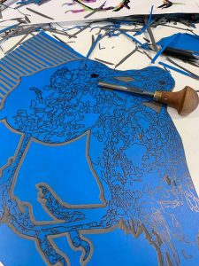 Magpie Stories - Siblings - reduction linocut block