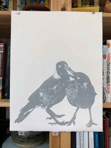 Magpie Stories - Siblings - reduction linocut - layer 3