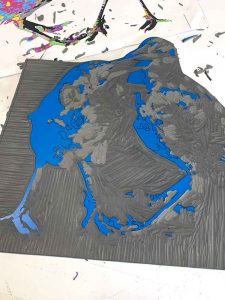 Magpie Stories - Siblings - reduction linocut - layer 6