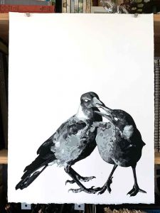 Magpie Stories - Siblings - reduction linocut - layer 9