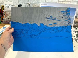 Eagles Nest linocut block ready for layer 2