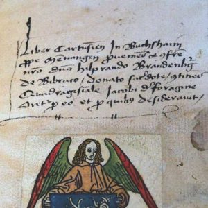 Handcoloured Bookplate for Hildebrand Brandenburg of Biberach, Germany 1480