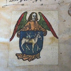 Handcoloured Bookplate for Hildebrand Brandenburg of Biberach, Germany 1480