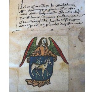 Handcoloured Bookplate for Hildebrand Brandenburg of Biberach, Germany 1480